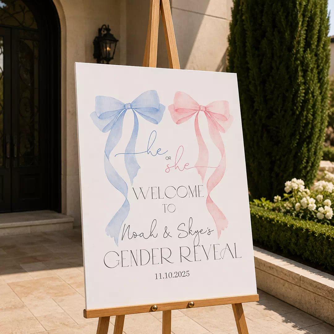 Blue Bow Pastel Clouds Welcome Board – Personalised Gender Reveal Sign UAE - Image 2