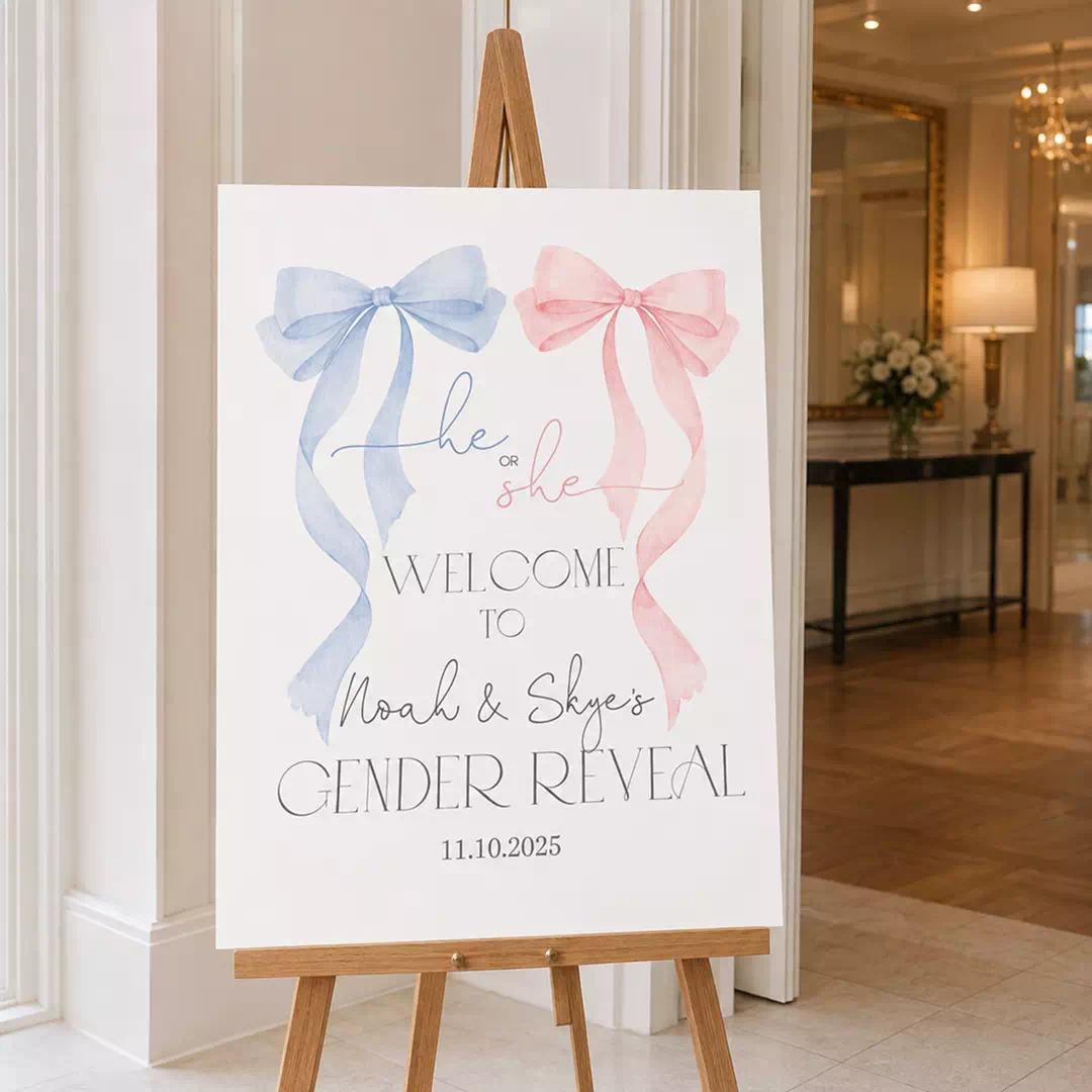 Blue Bow Pastel Clouds Welcome Board – Personalised Gender Reveal Sign UAE