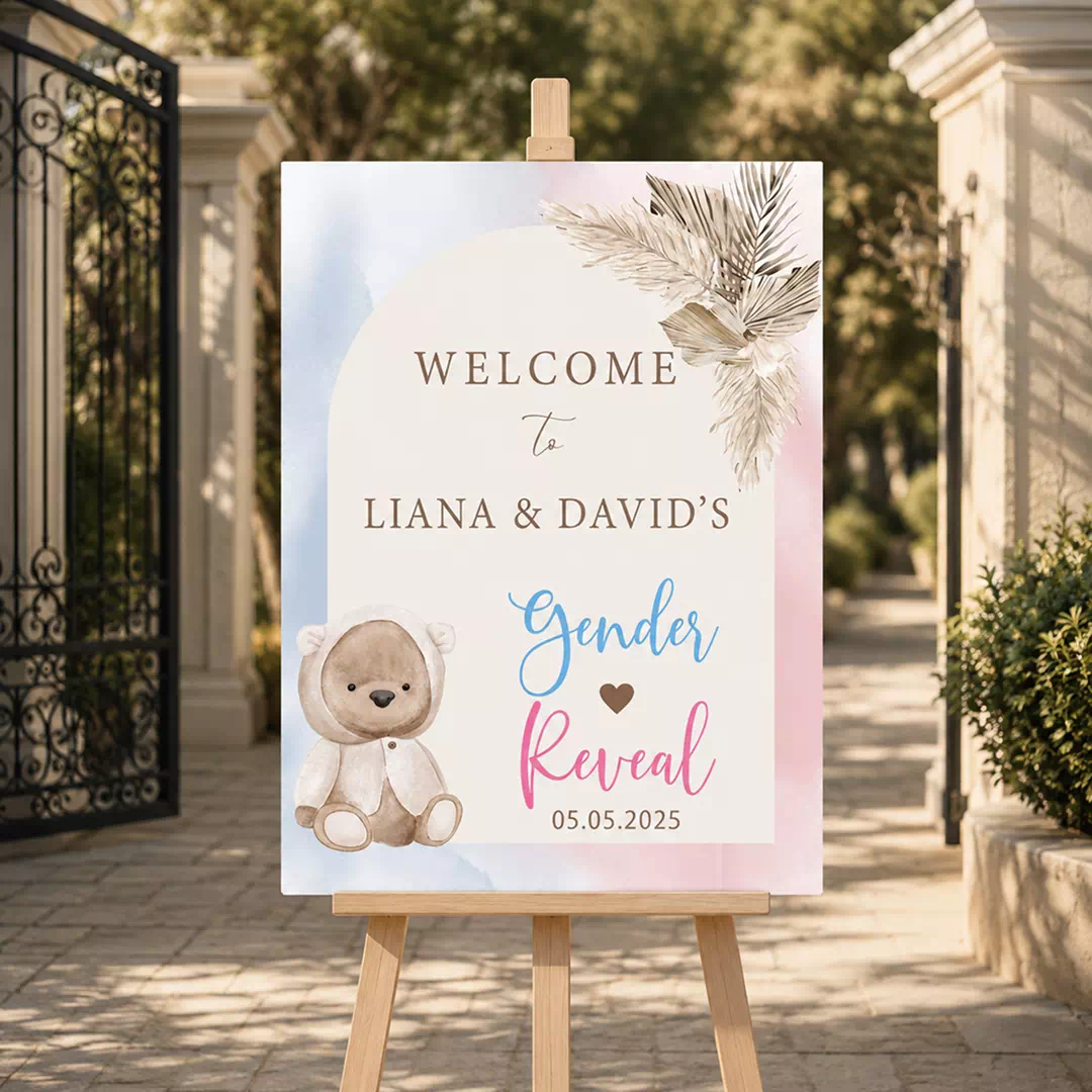 Teddy Bear Blue Ribbon Welcome Board – Personalised Gender Reveal Sign UAE - Image 2