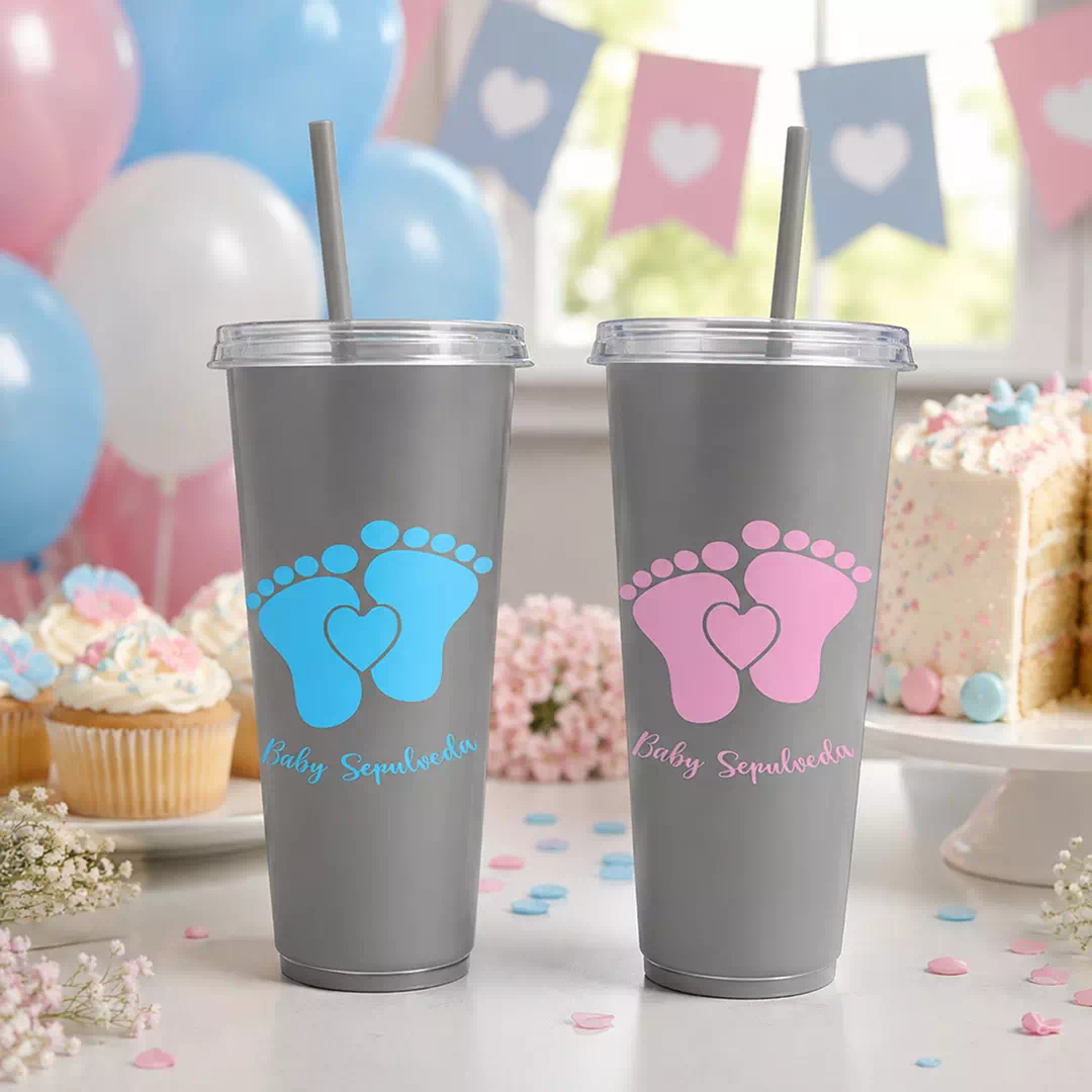 Custom Printed Baby Footprint Grey Tumblers, Set of 8 – Gender Reveal Cups UAE - Image 4