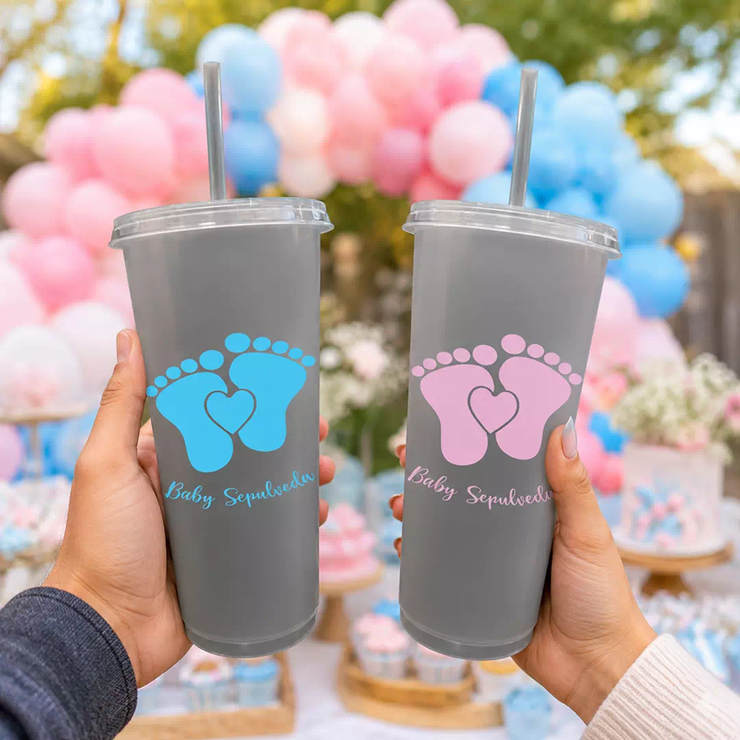 Custom Printed Baby Footprint Grey Tumblers, Set of 8 – Gender Reveal Cups UAE - Image 3