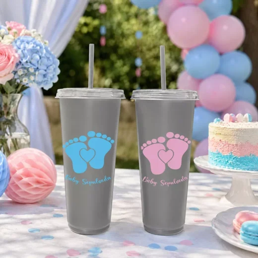Custom Printed Baby Footprint Grey Tumblers, Set of 8 – Gender Reveal Cups UAE