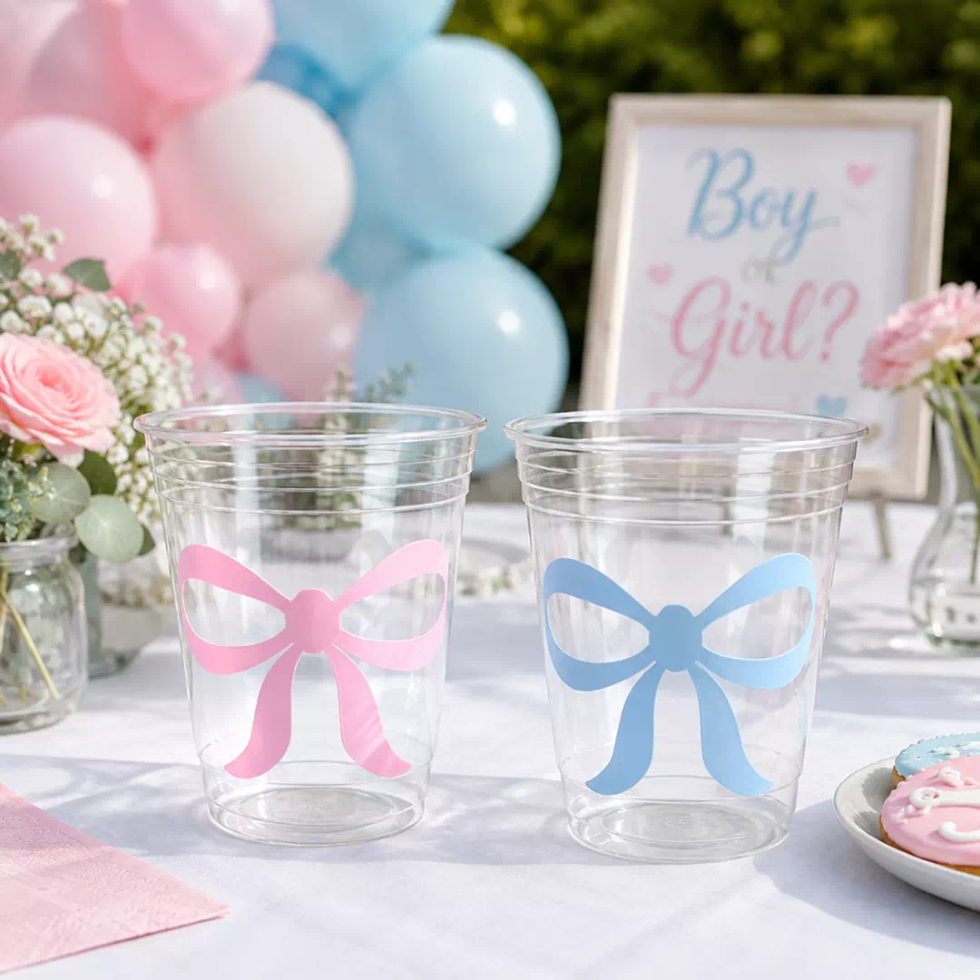 Custom Printed Pink & Blue Bow Cups, Set of 8 – Gender Reveal Cups UAE - Image 2